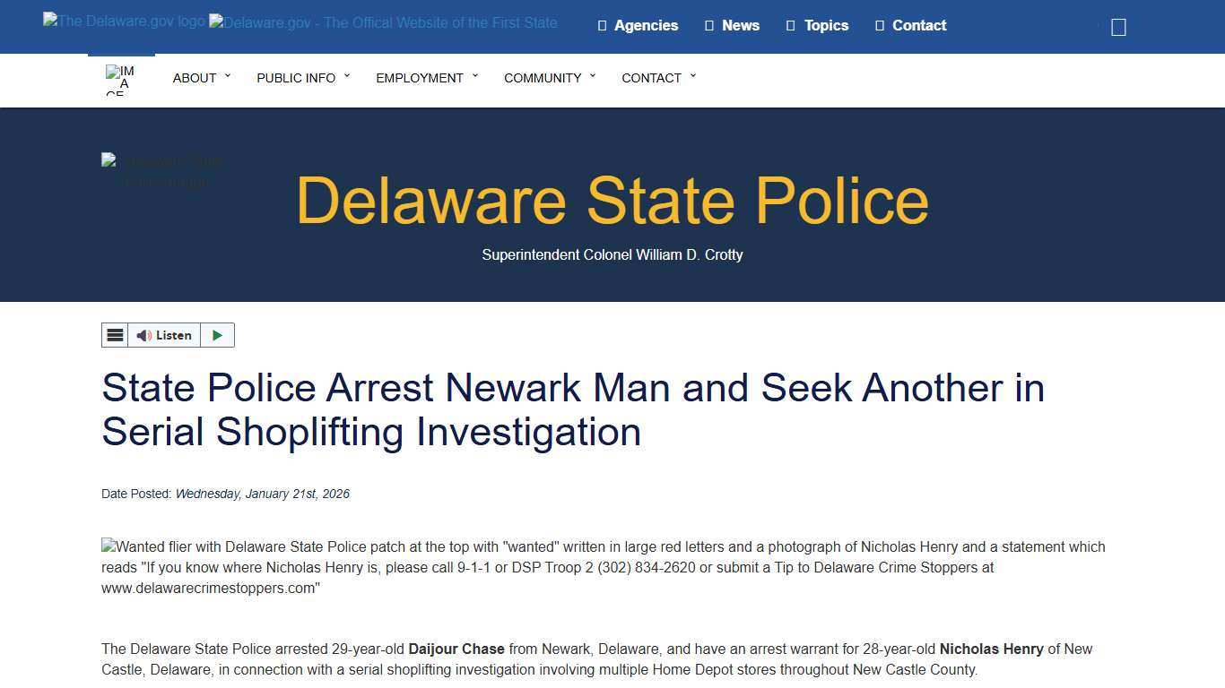 State Police Arrest Newark Man and Seek Another in Serial Shoplifting Investigation - Delaware State Police - State of Delaware