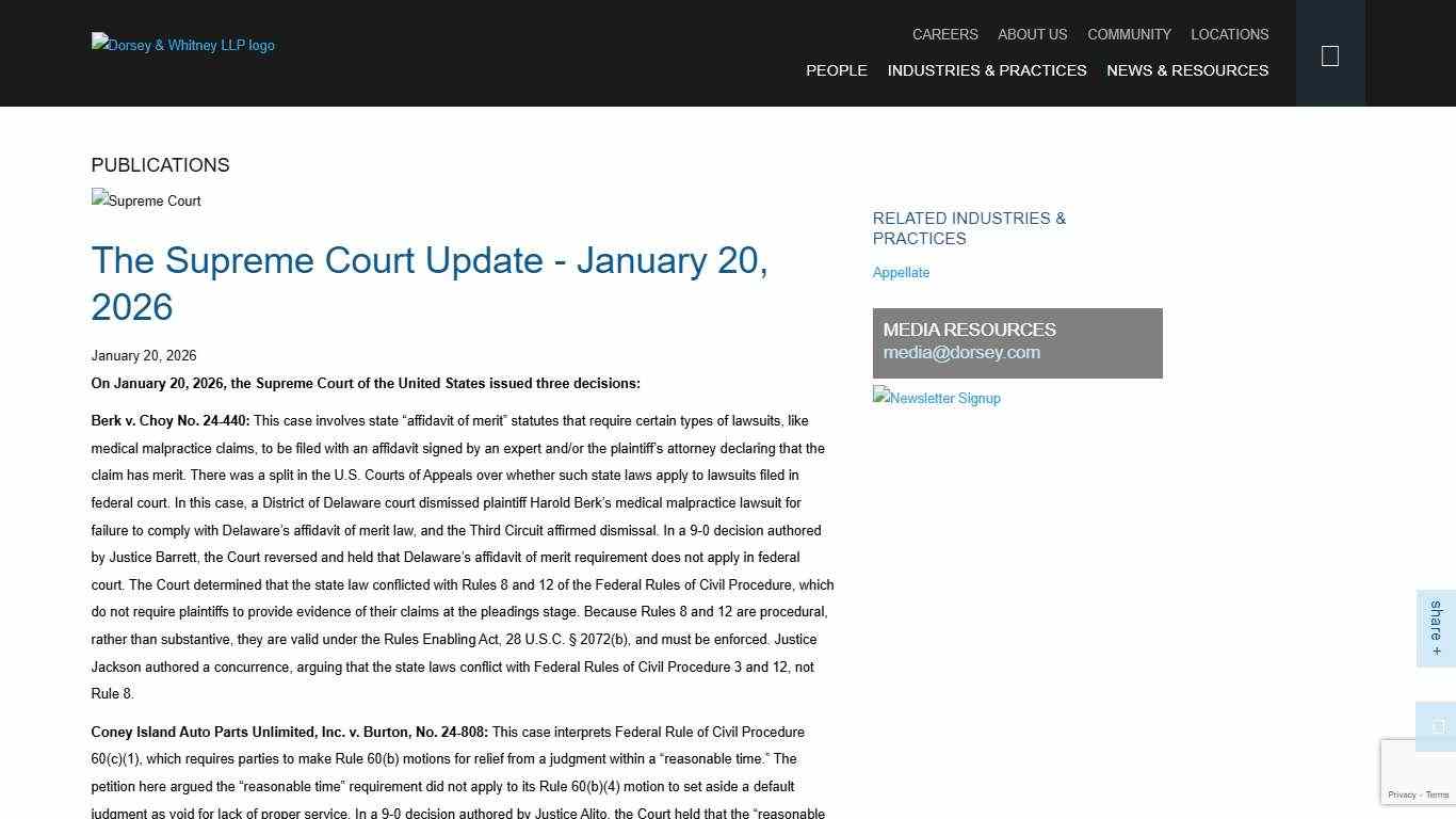 The Supreme Court Update - January 20, 2026 News & Resources Dorsey