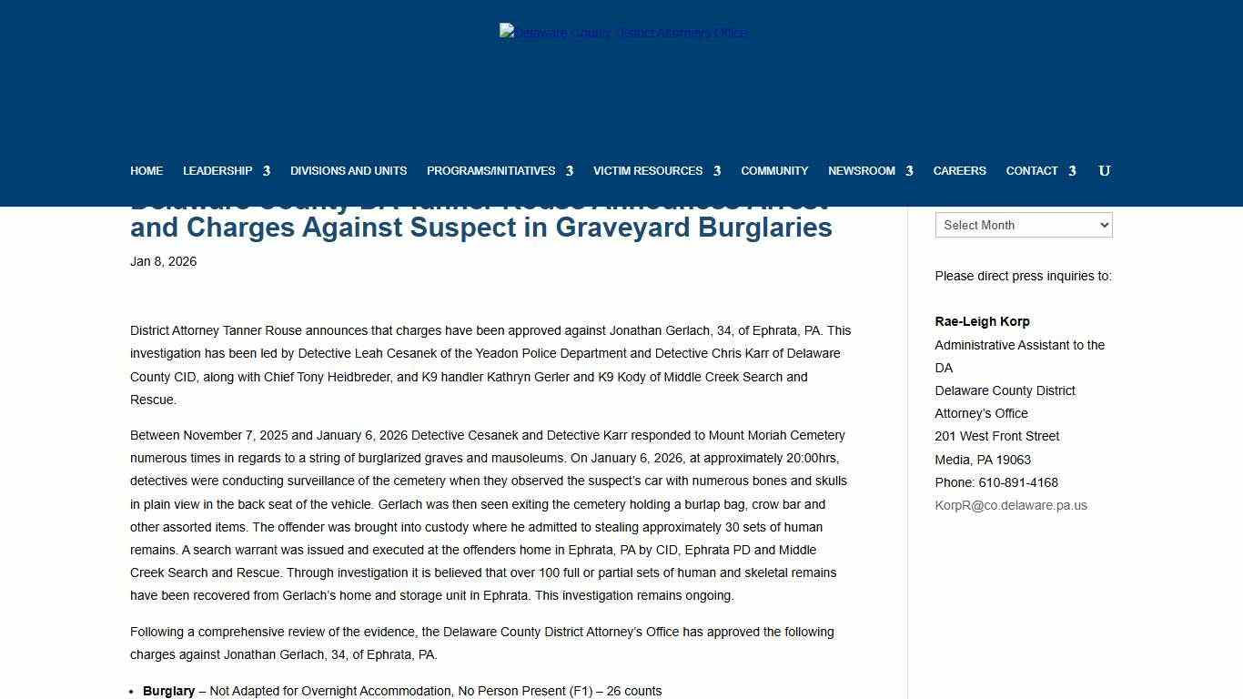 Delaware County DA Tanner Rouse Announces Arrest and Charges Against Suspect in Graveyard Burglaries - Delaware County District Attorneys Office